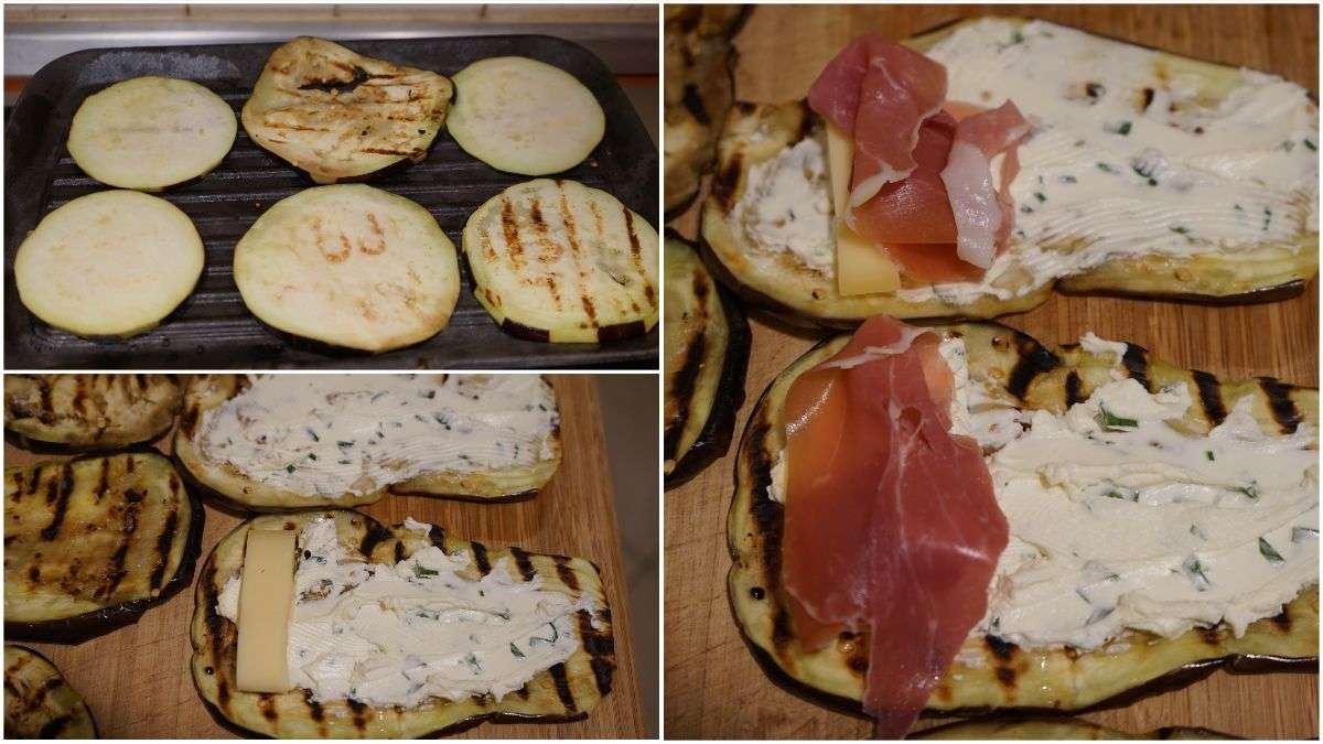 Involtini di melanzane grigliate con caprino e prosciutto crudo