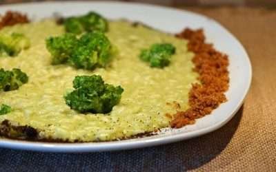 Risotto con crema di broccoli, pane fritto e caffè