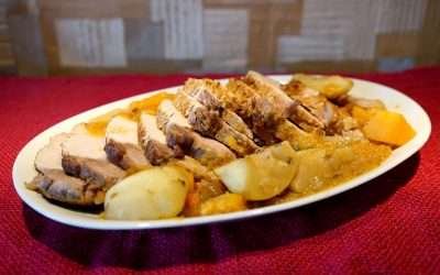 Arista di maiale con mele e zucca cotta in pentola