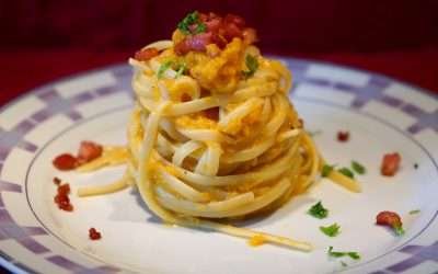Finta carbonara senza uova con zucca e pancetta