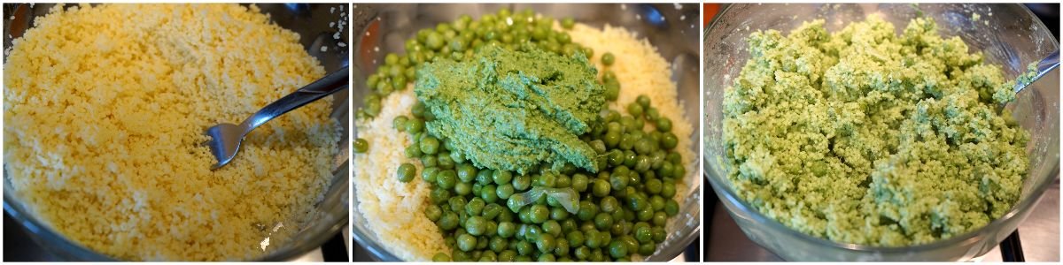 Cous cous con piselli, pesto di rucola e anacardi